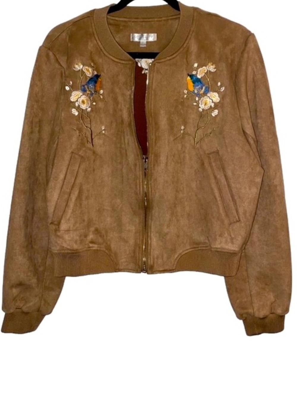 Solitaire Ravi Khosla L Tan Bird Embroidered Faux Suede Bomber Jacket